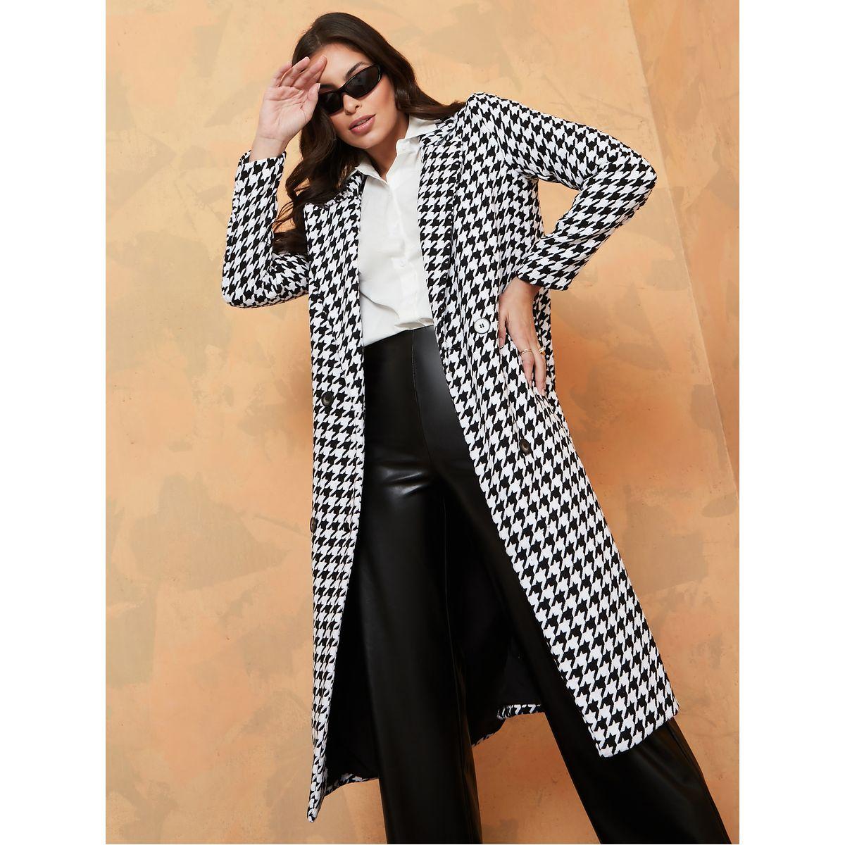 Styli Midi Length Houndstooth Pattern Tweed Regular Fit Coat-women-clothing-coatsandjackets-coats-image-1