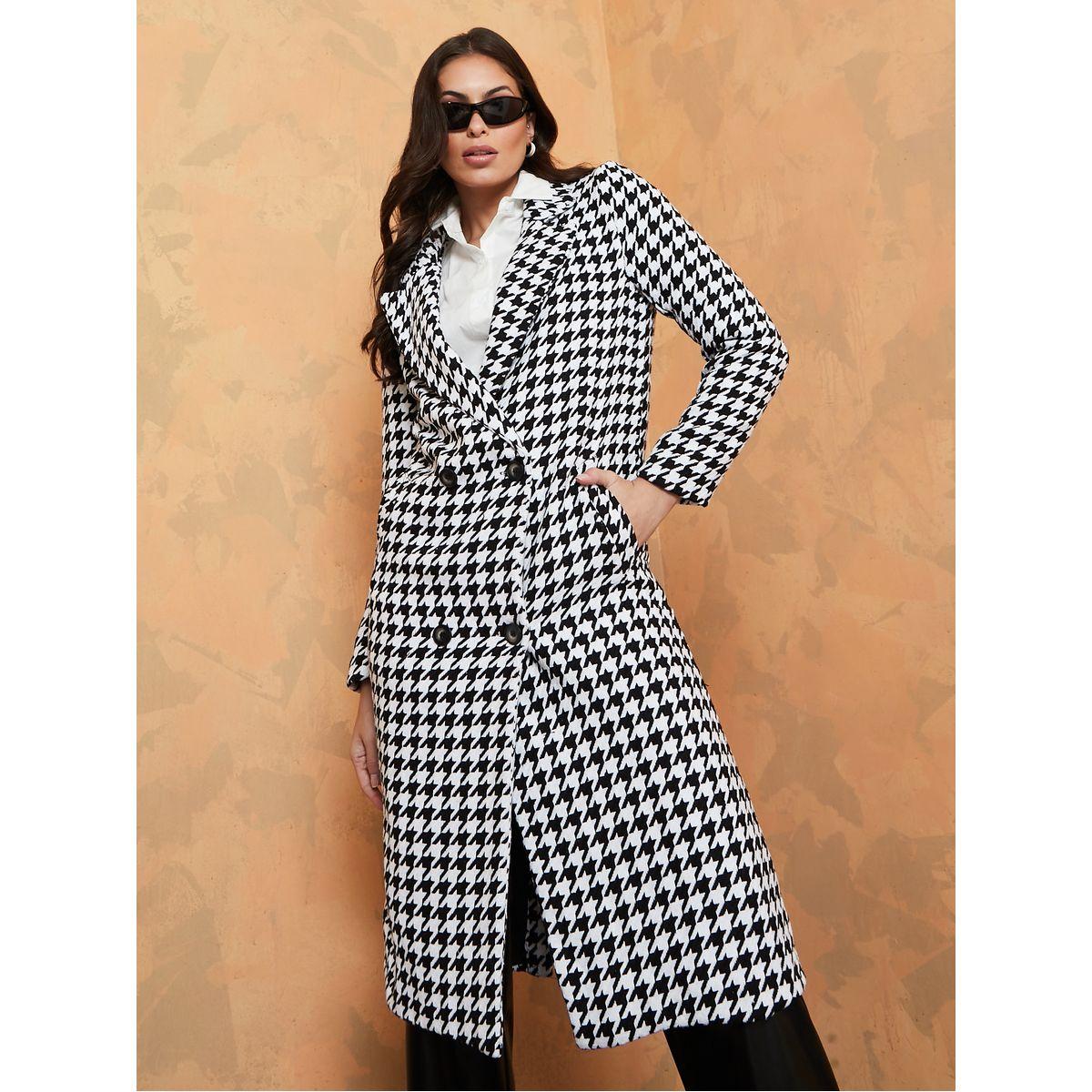 Styli Midi Length Houndstooth Pattern Tweed Regular Fit Coat-women-clothing-coatsandjackets-coats-image-3