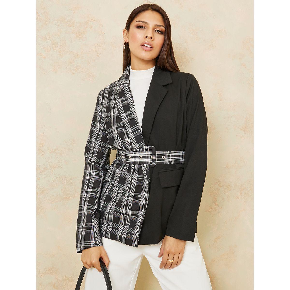 Styli Regular Length Colorblock Checked Regular Fit Belted Blazer-women-clothing-coatsandjackets-blazers-image-1