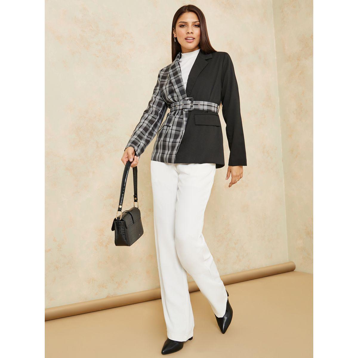 Styli Regular Length Colorblock Checked Regular Fit Belted Blazer-women-clothing-coatsandjackets-blazers-image-2