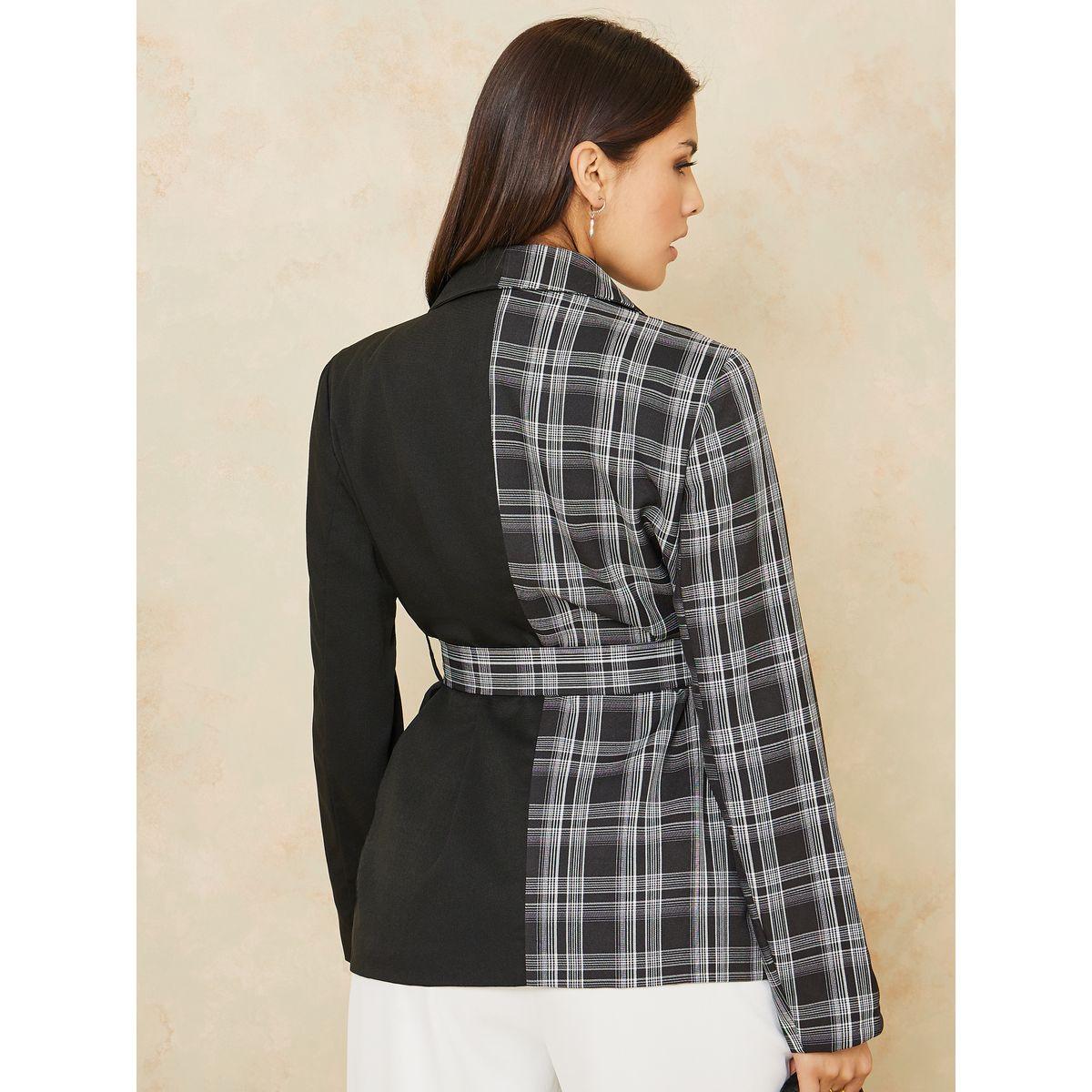 Styli Regular Length Colorblock Checked Regular Fit Belted Blazer-women-clothing-coatsandjackets-blazers-image-4