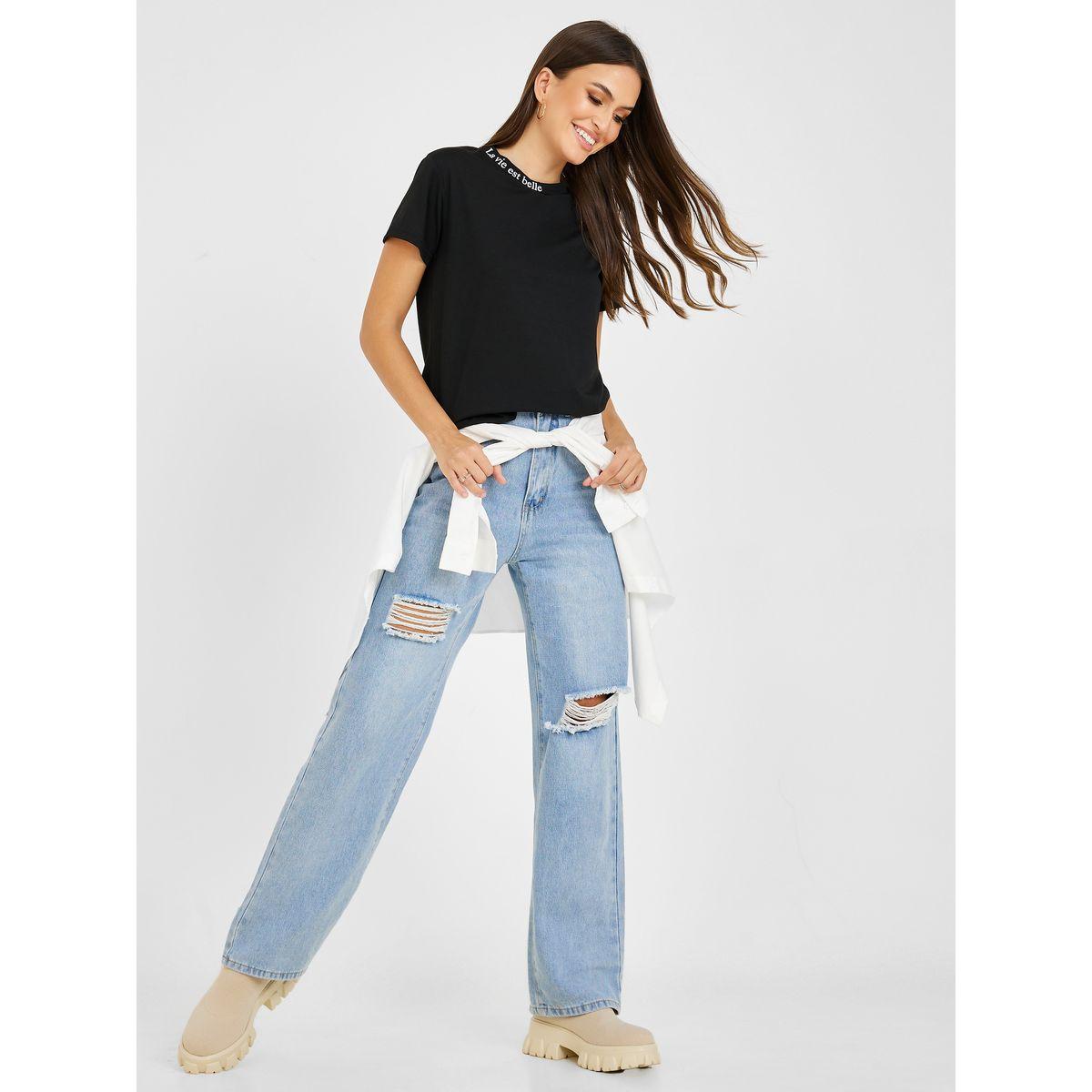 تيشيرت مطبع بكتابة وياقة عالية-women-clothing-tshirts-image-2