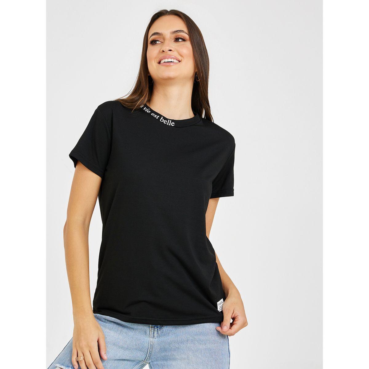 تيشيرت مطبع بكتابة وياقة عالية-women-clothing-tshirts-image-3
