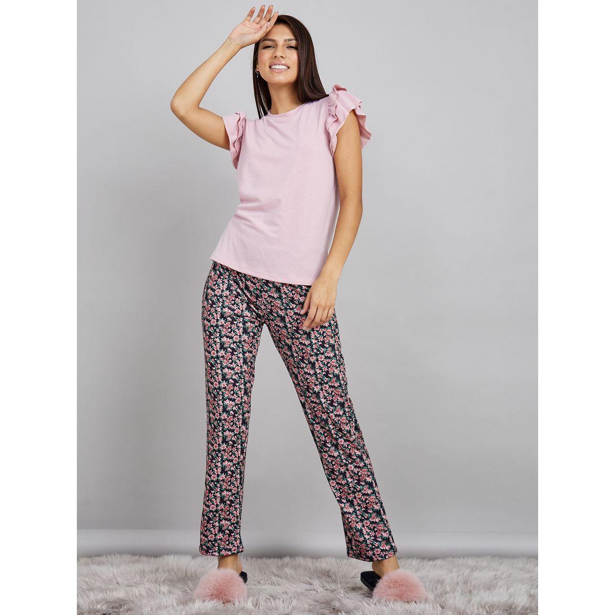 Styli Unwind Double Ruffle Sleeve T-shirt and Floral Pyjama Set-women-clothing-nightwear-pyjamas-longsets-image-1
