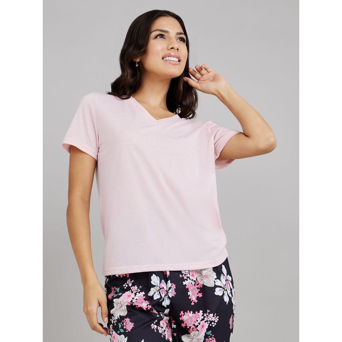 Styli Unwind Solid V Neck T-shirt and Rosey Floral Pyjama Set-women-clothing-nightwear-pyjamas-longsets-image-2