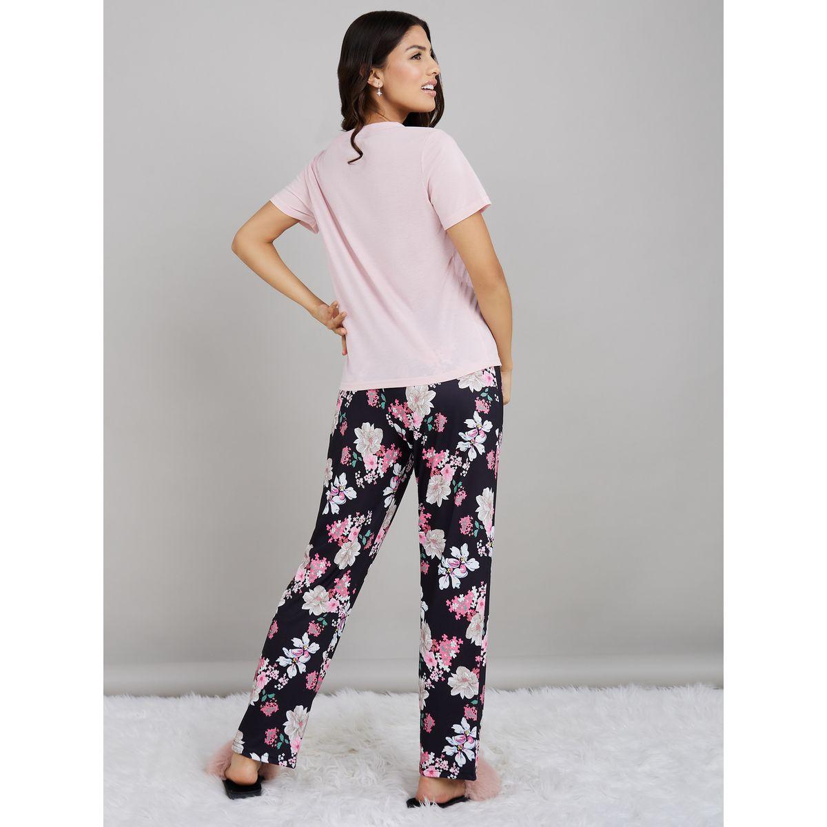 Styli Unwind Solid V Neck T-shirt and Rosey Floral Pyjama Set-women-clothing-nightwear-pyjamas-longsets-image-5