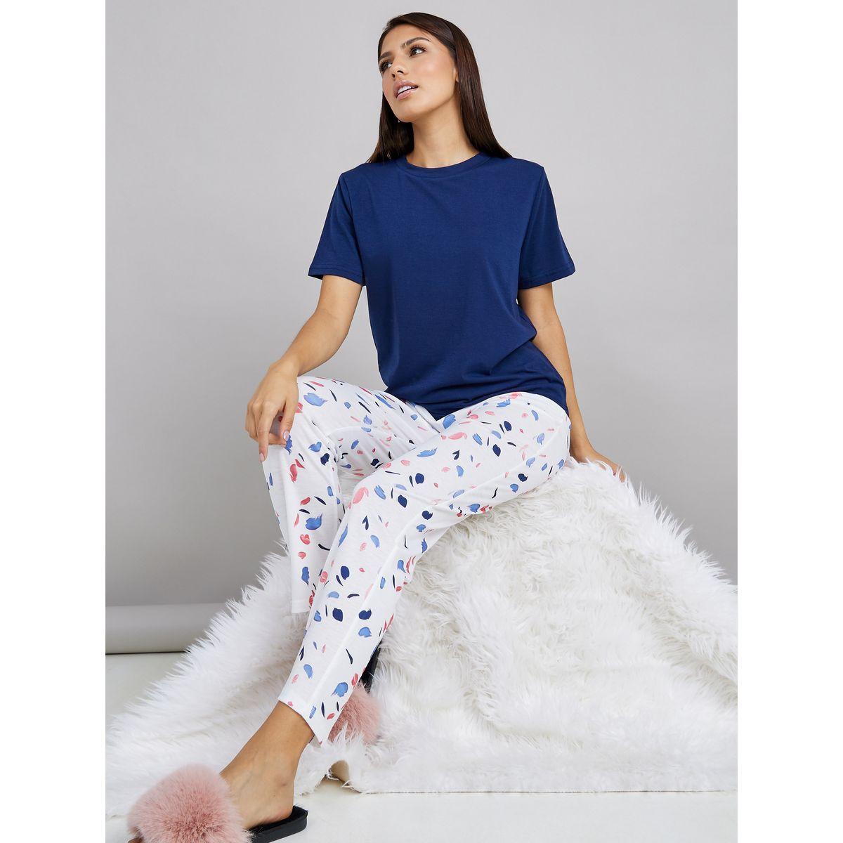 Styli Unwind Solid T-shirt and Scattered AO{ Pyjama Set-women-clothing-nightwear-pyjamas-longsets-image-1