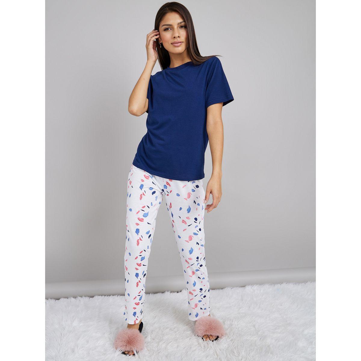 Styli Unwind Solid T-shirt and Scattered AO{ Pyjama Set-women-clothing-nightwear-pyjamas-longsets-image-2