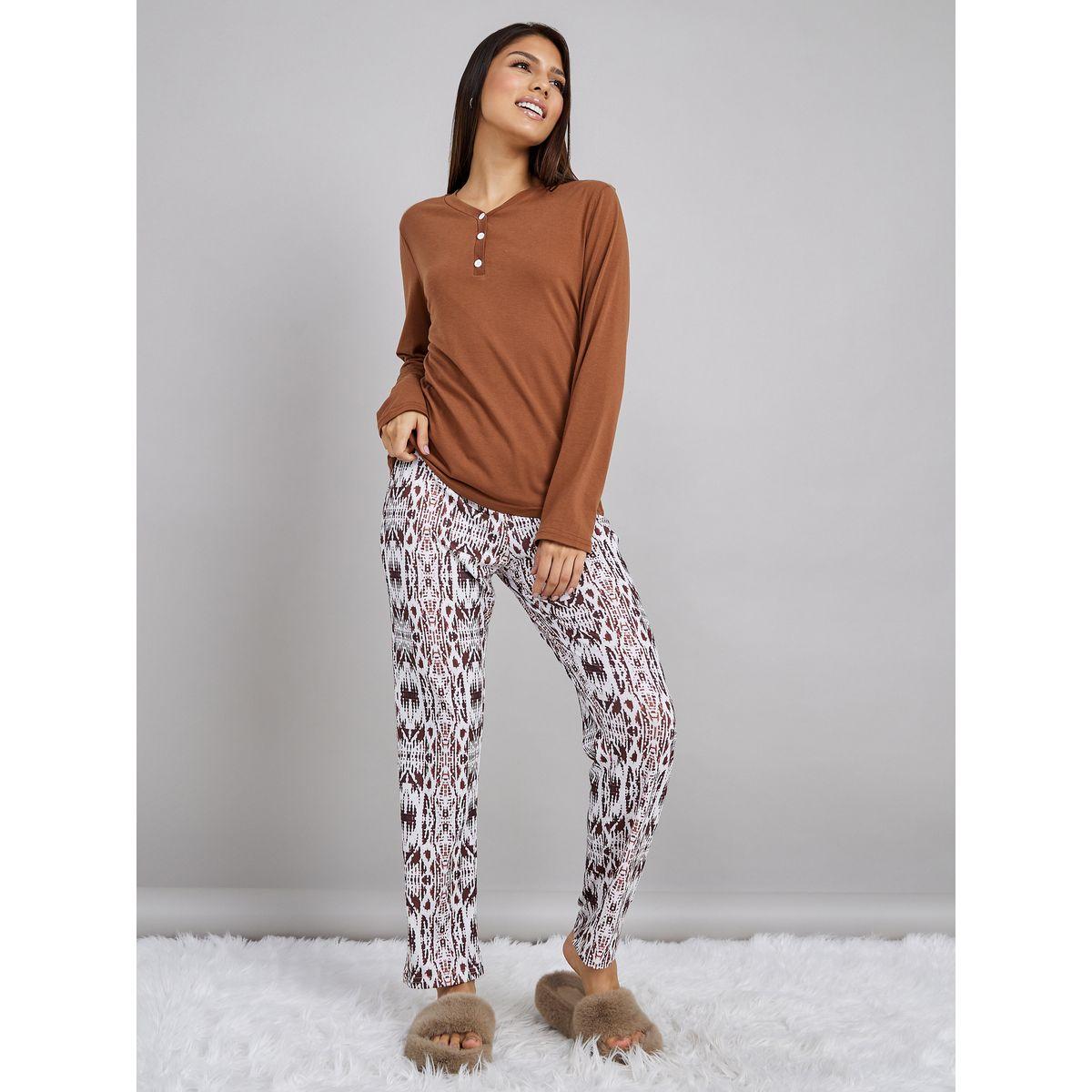 Styli Unwind Long Sleeves Placket T-shirt and Tribal Print Pyjama Set-women-clothing-nightwear-pyjamas-longsets-image-2