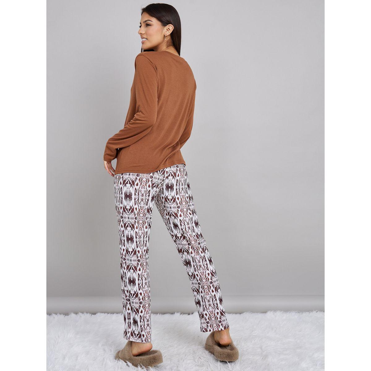 Styli Unwind Long Sleeves Placket T-shirt and Tribal Print Pyjama Set-women-clothing-nightwear-pyjamas-longsets-image-5