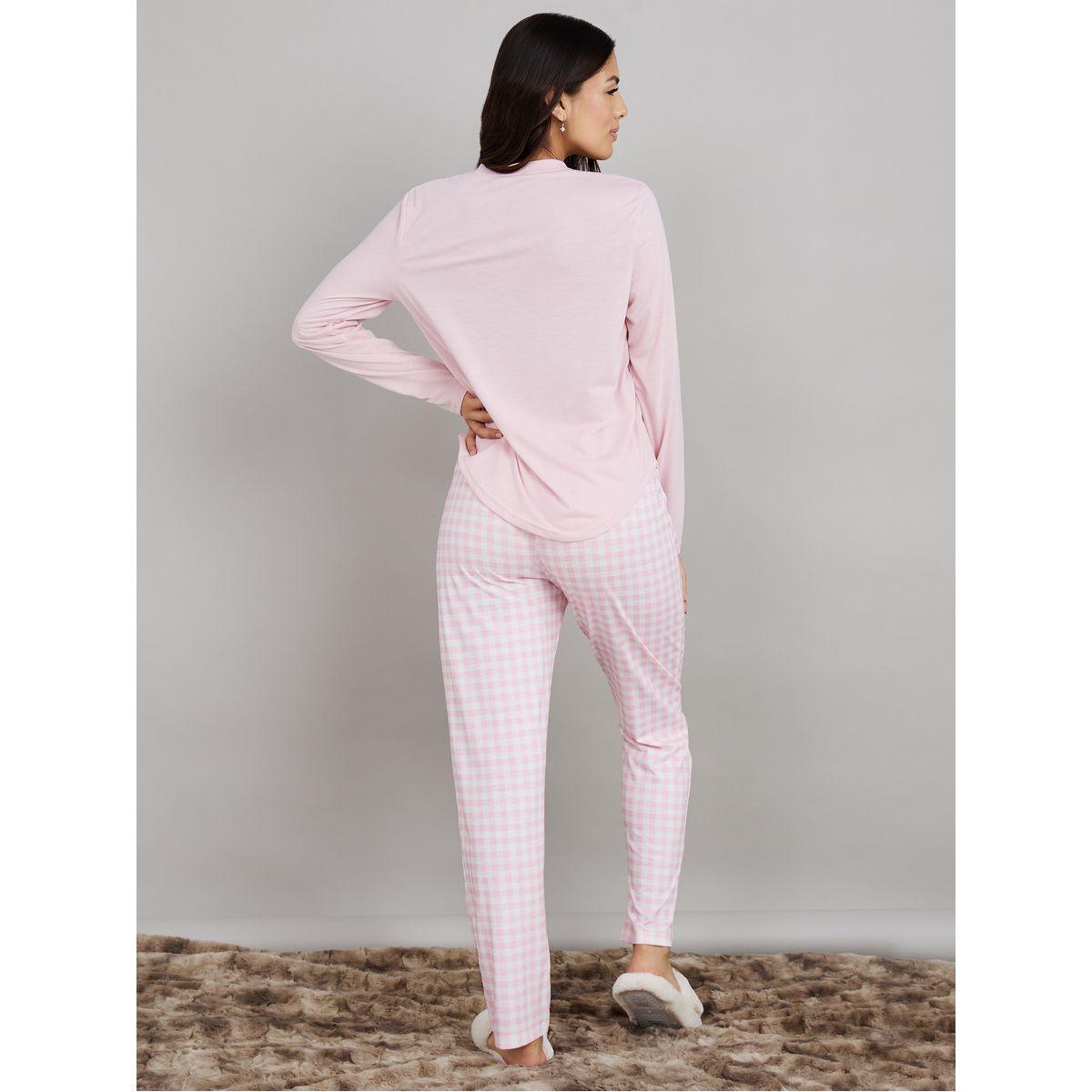 Styli Unwind Long Sleeves Curved Hem Placket T-shirt and Checked Pyjama Set-women-clothing-nightwear-pyjamas-longsets-image-6