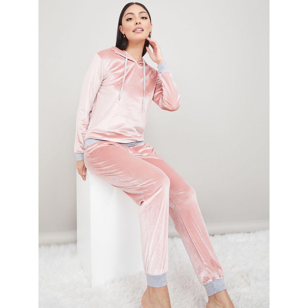 Styli Unwind Contrast Velour Hoodie and Jogger Set-women-clothing-coordsets-image-1