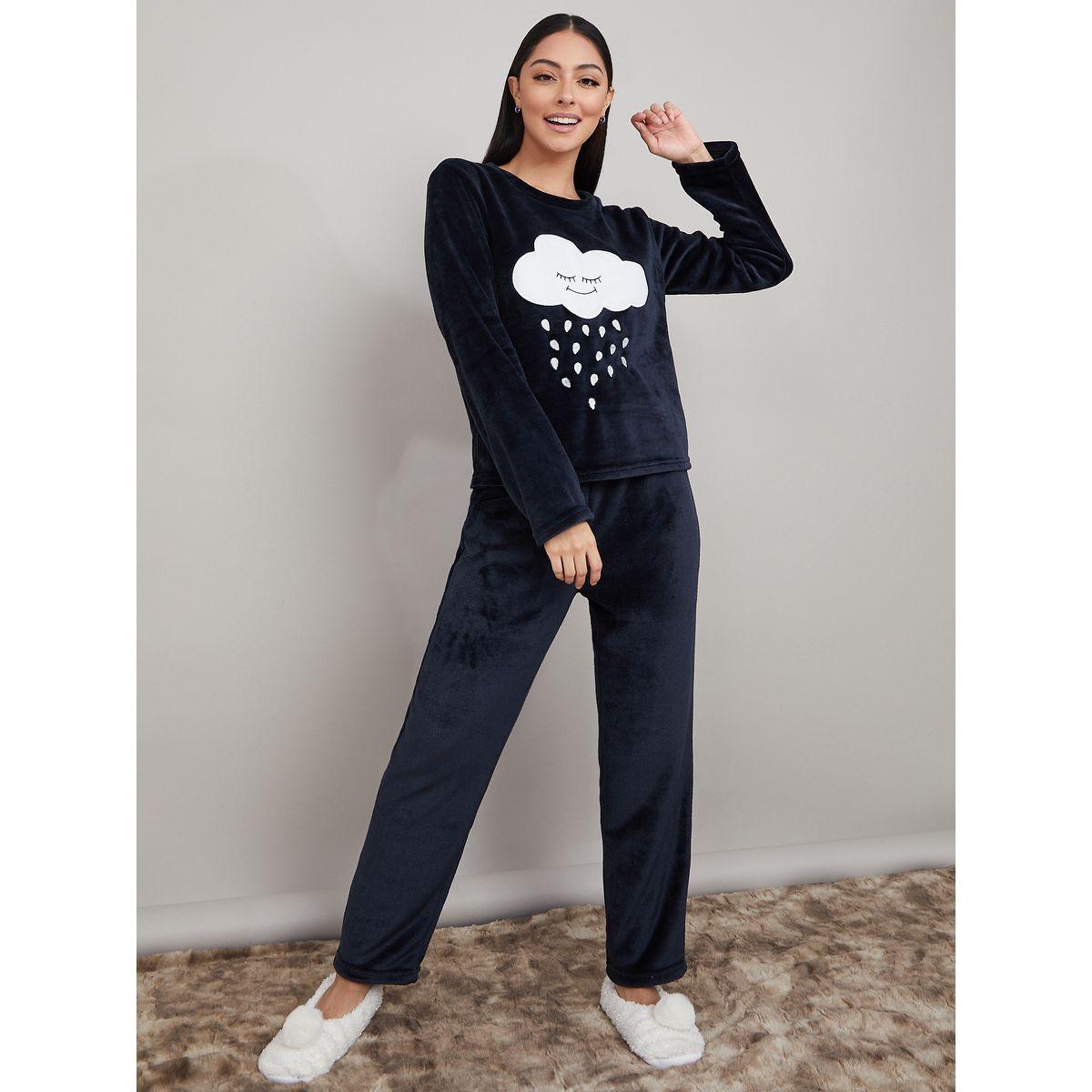 Styli Unwind Fleece Embroidered Cloud & Raindrop Long Sleeves Top and Pyjama Set-women-clothing-nightwear-pyjamas-longsets-image-1