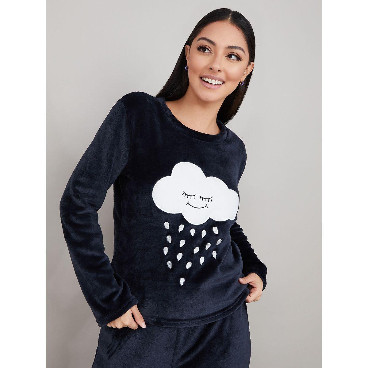Styli Unwind Fleece Embroidered Cloud & Raindrop Long Sleeves Top and Pyjama Set-women-clothing-nightwear-pyjamas-longsets-image-3