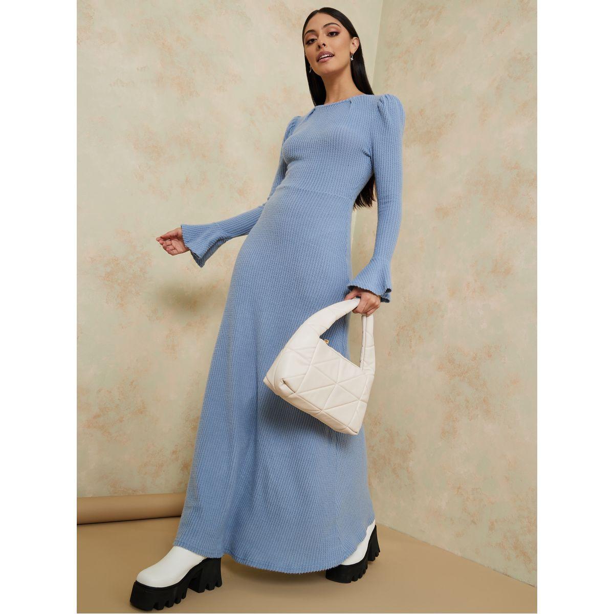 فستان طويل محبوك باكمام فلوت-women-clothing-dresses-image-1