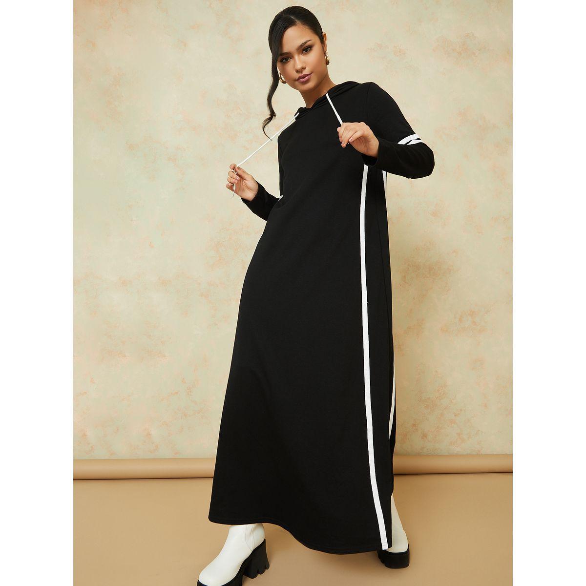 Styli Long Sleeves Contrast Taping Detail Sweatshirt Maxi Dress-women-clothing-dresses-image-1
