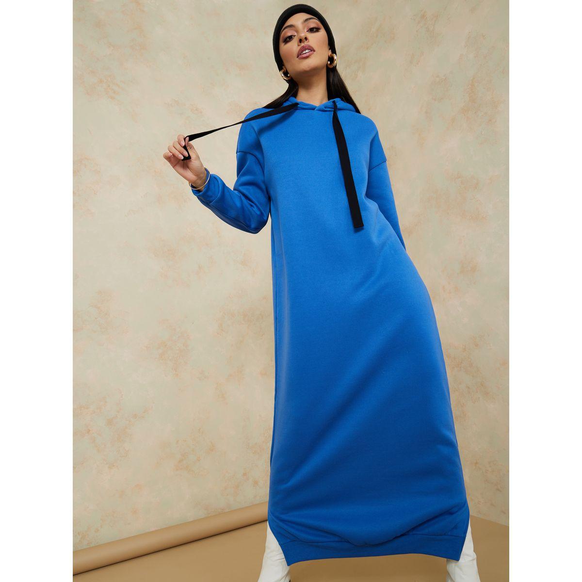 Styli Long Sleeves Hooded Maxi Dress with Side Slit-women-clothing-dresses-image-1