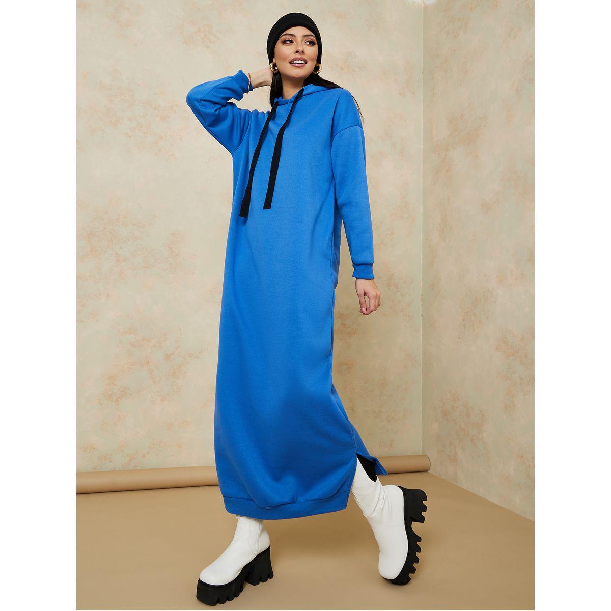 Styli Long Sleeves Hooded Maxi Dress with Side Slit-women-clothing-dresses-image-2