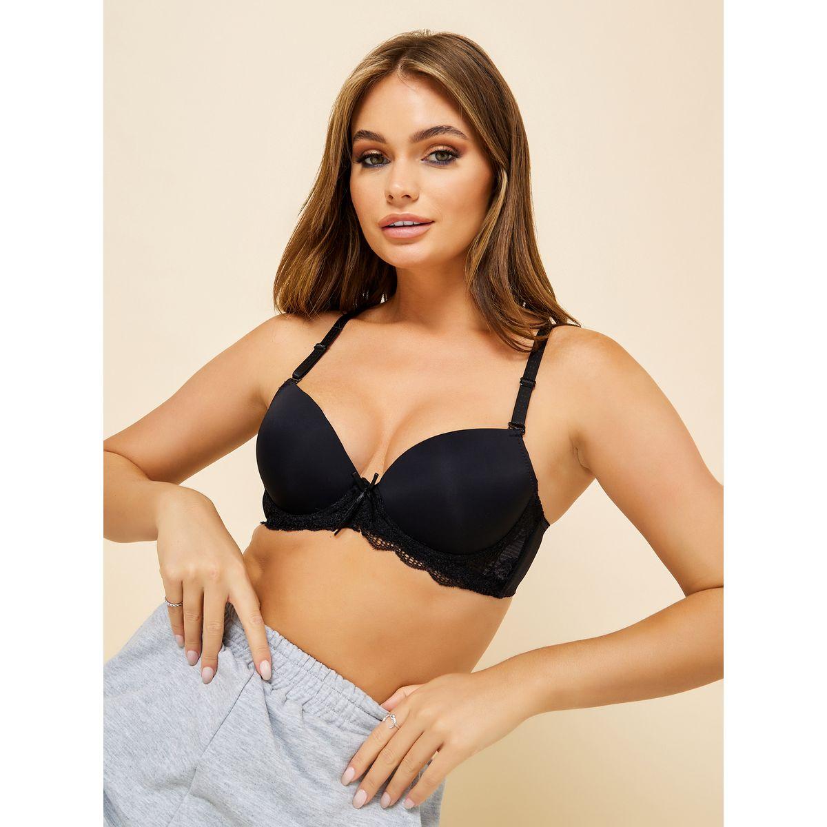 Styli Padded Wired Lace Band Satin Bow T-shirt Bra with Removable Strap-women-clothing-lingerie-bras-image-1