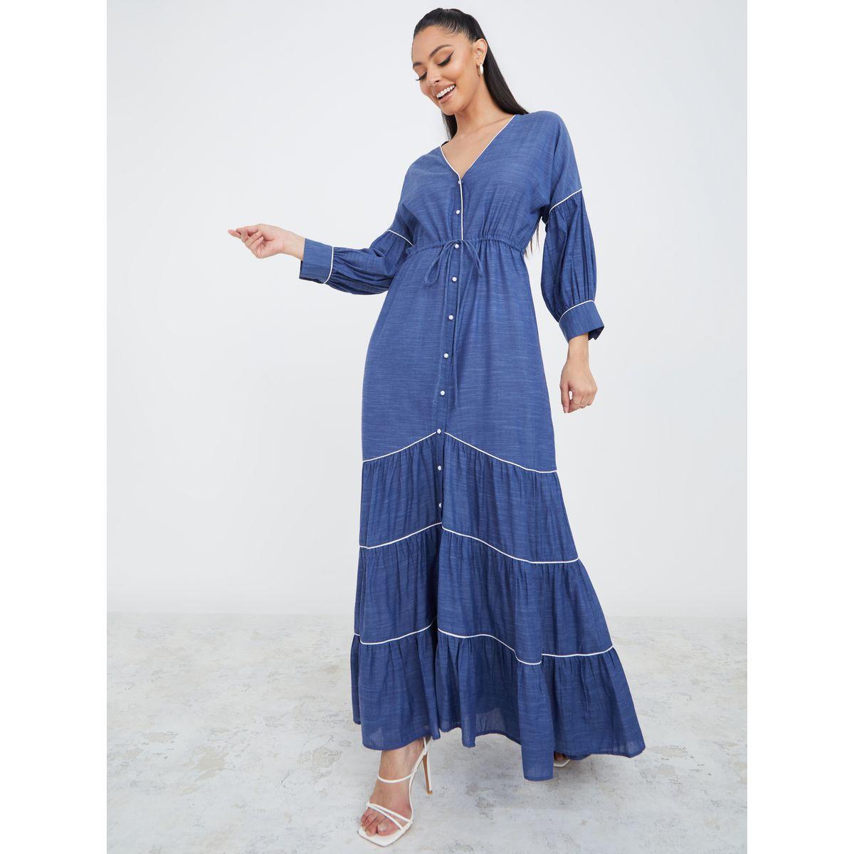 فستان طويل مزين بحزوز وكسرات-women-clothing-dresses-image-1