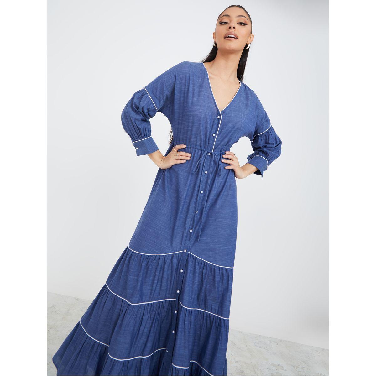 فستان طويل مزين بحزوز وكسرات-women-clothing-dresses-image-2