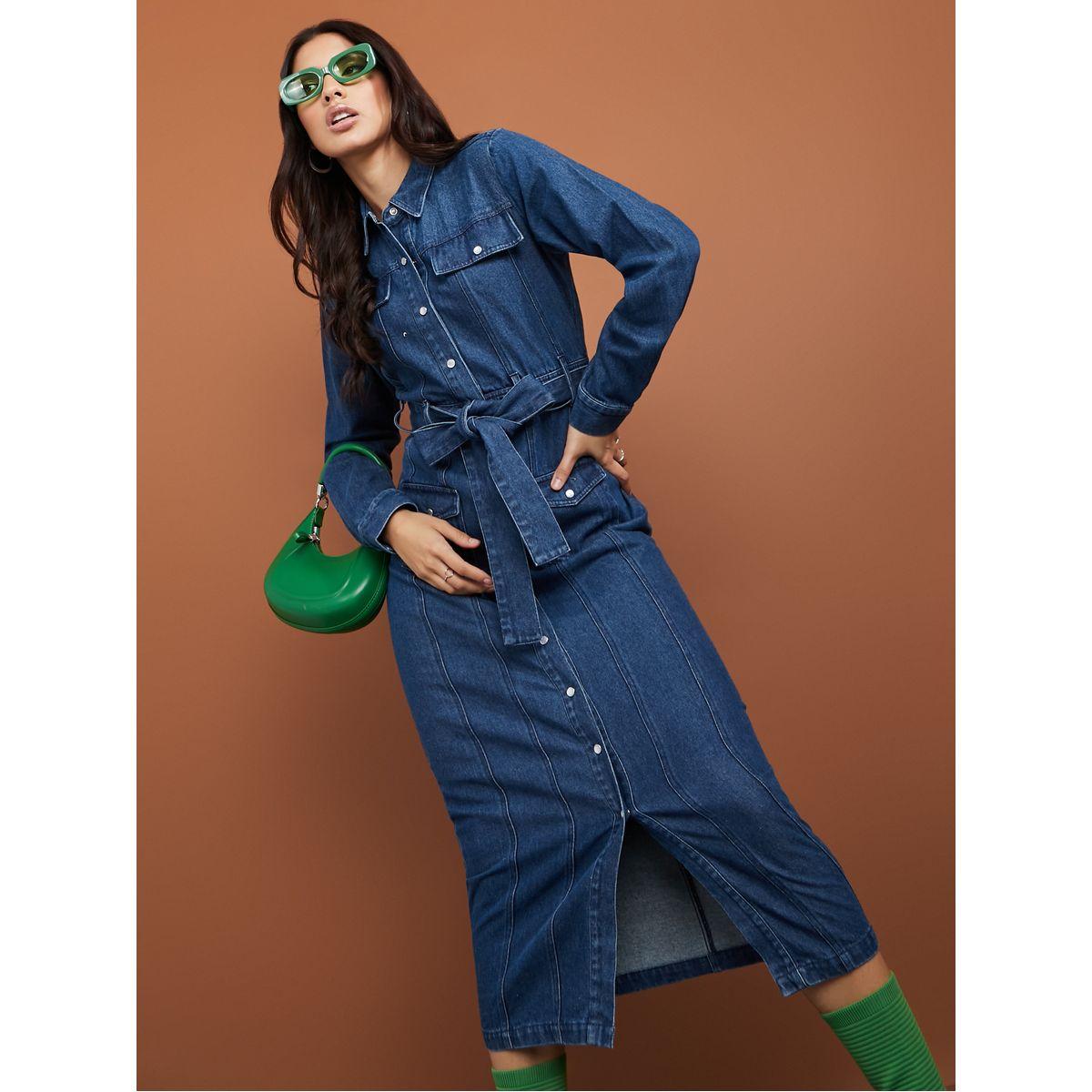 Styli Long Sleeves Denim Shirt Midi Dress with Flap Pocket-women-clothing-dresses-image-1