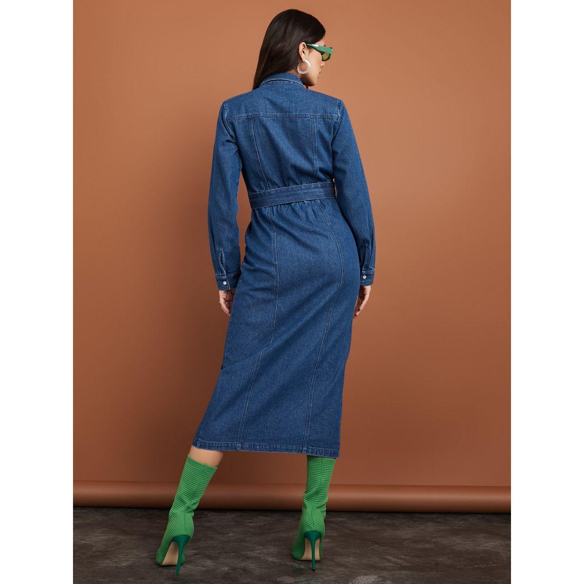 Styli Long Sleeves Denim Shirt Midi Dress with Flap Pocket-women-clothing-dresses-image-4