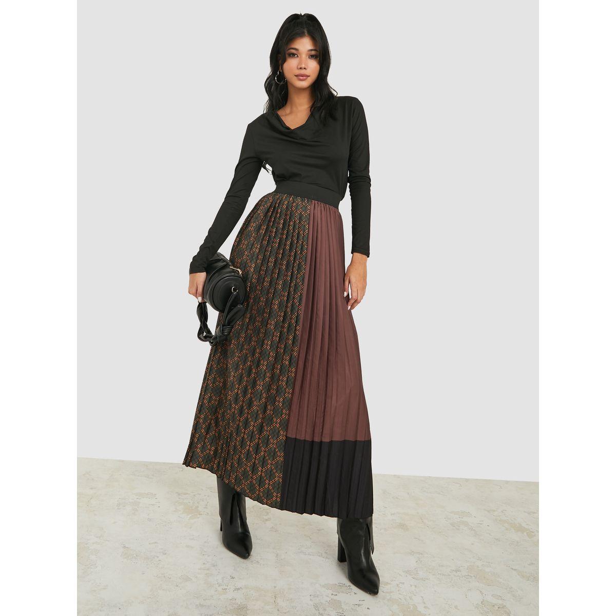 Styli Colorblock Checked Pleated A-Line Maxi Skirt-women-clothing-skirts-image-2