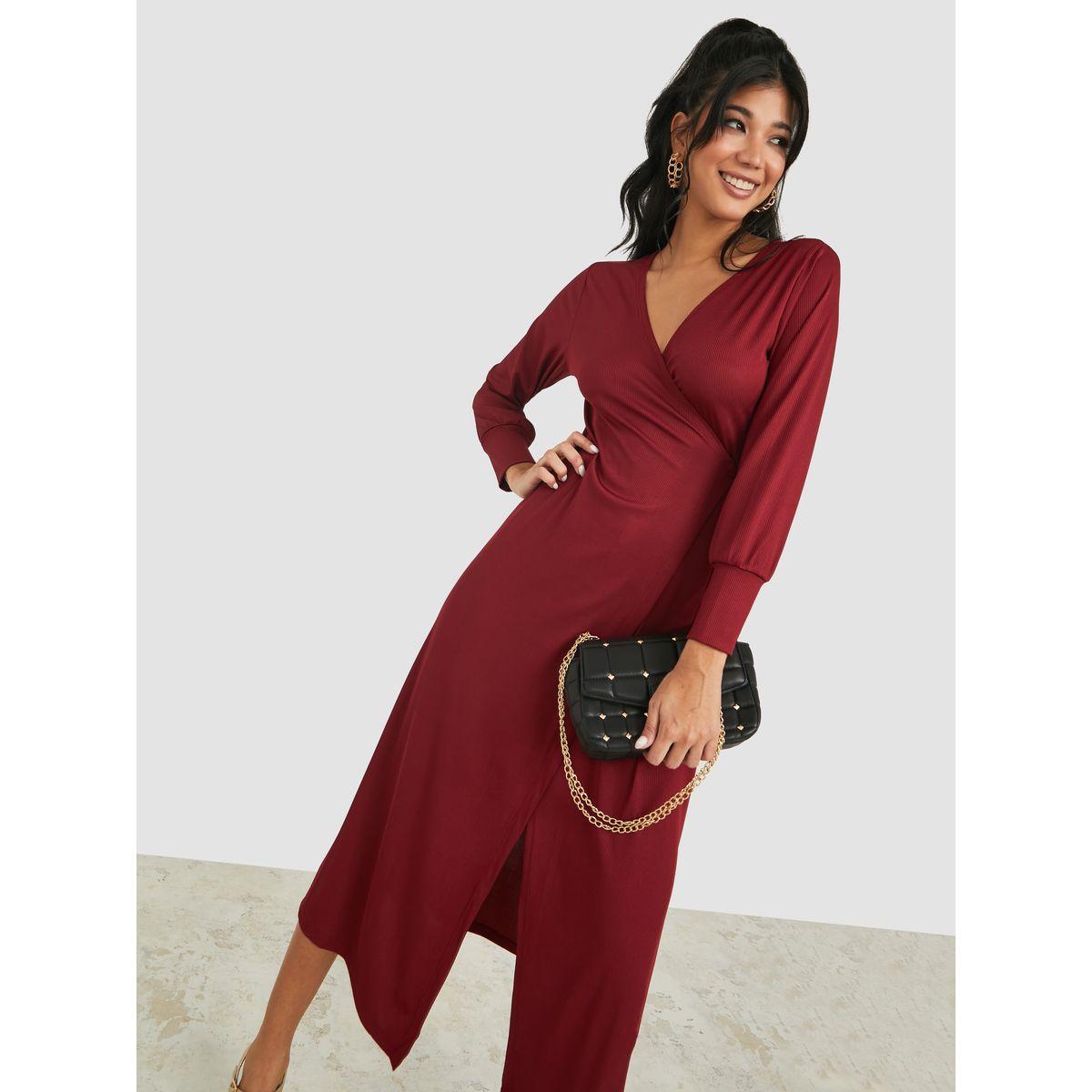 Styli Long Sleeves Ribbed Wrap Around Midi Dress-women-clothing-dresses-image-1