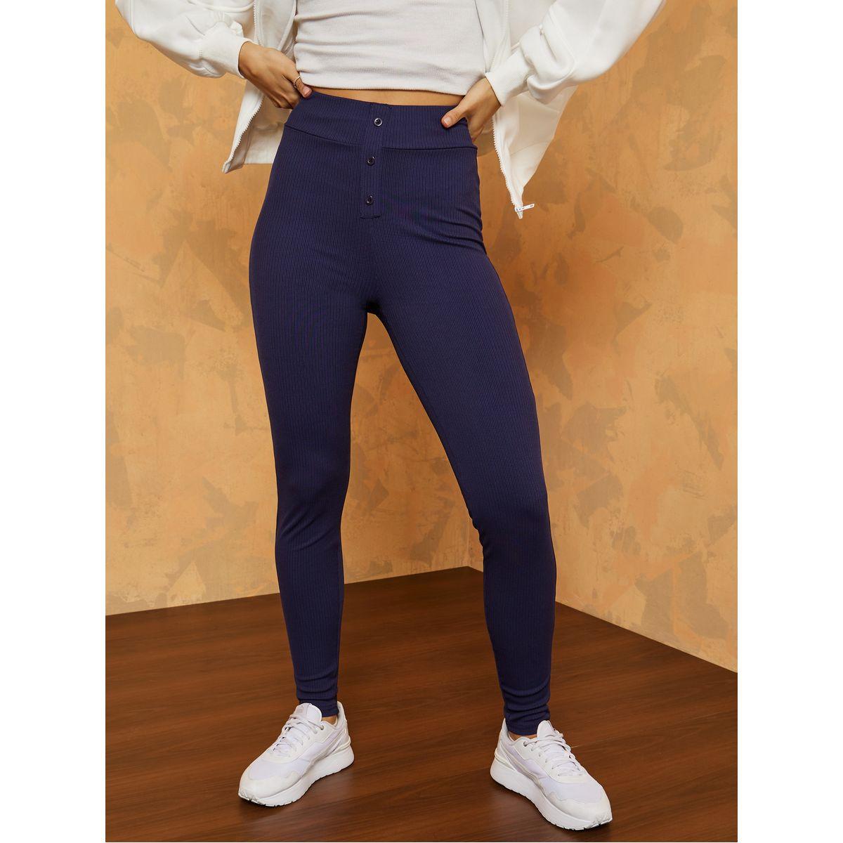 Styli Elastic Waistband Button Detail Ribbed Leggings-women-clothing-bottoms-leggings-image-2