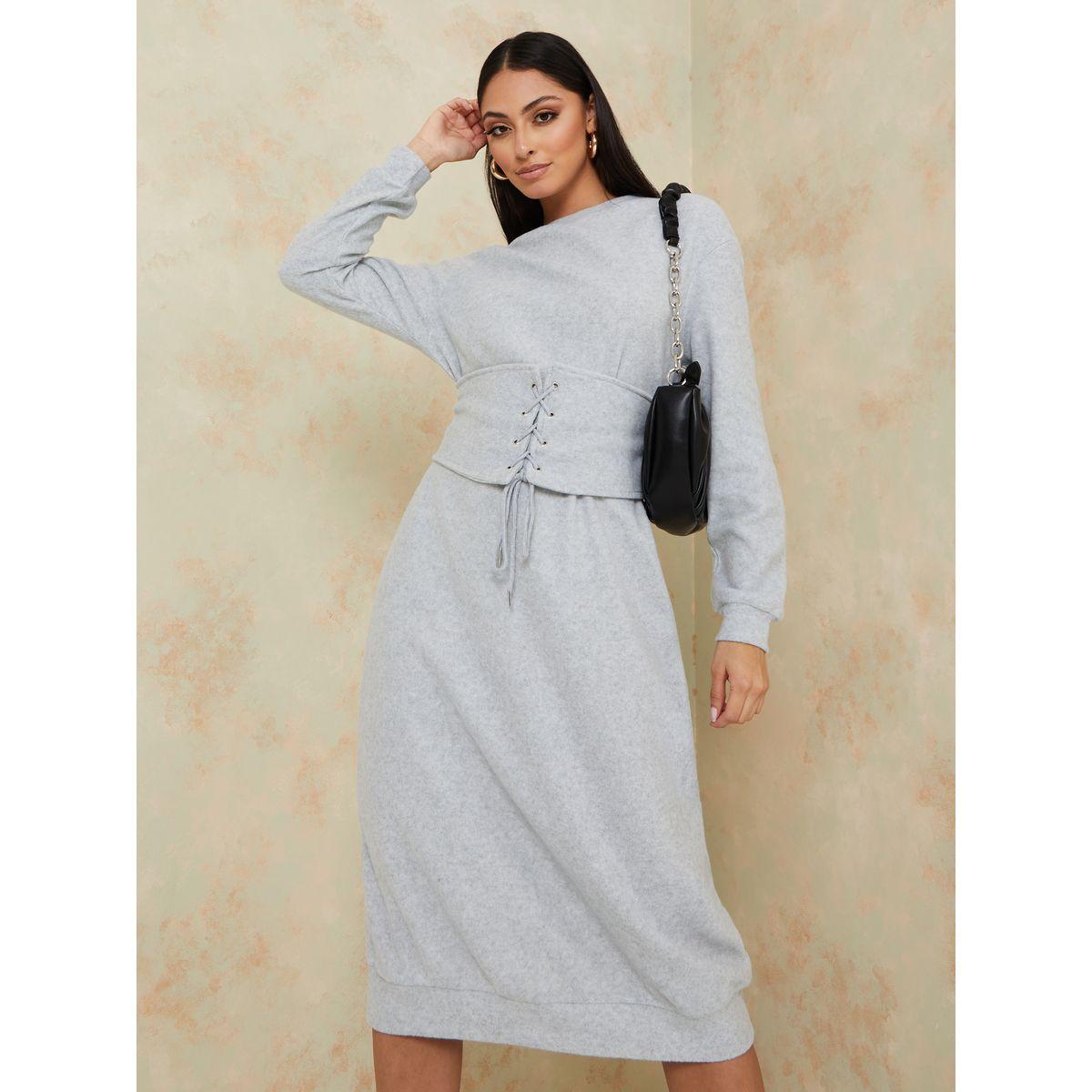 Styli Long Sleeves Corset Detail Sweatshirt Midi Winter Dress-women-clothing-dresses-image-1