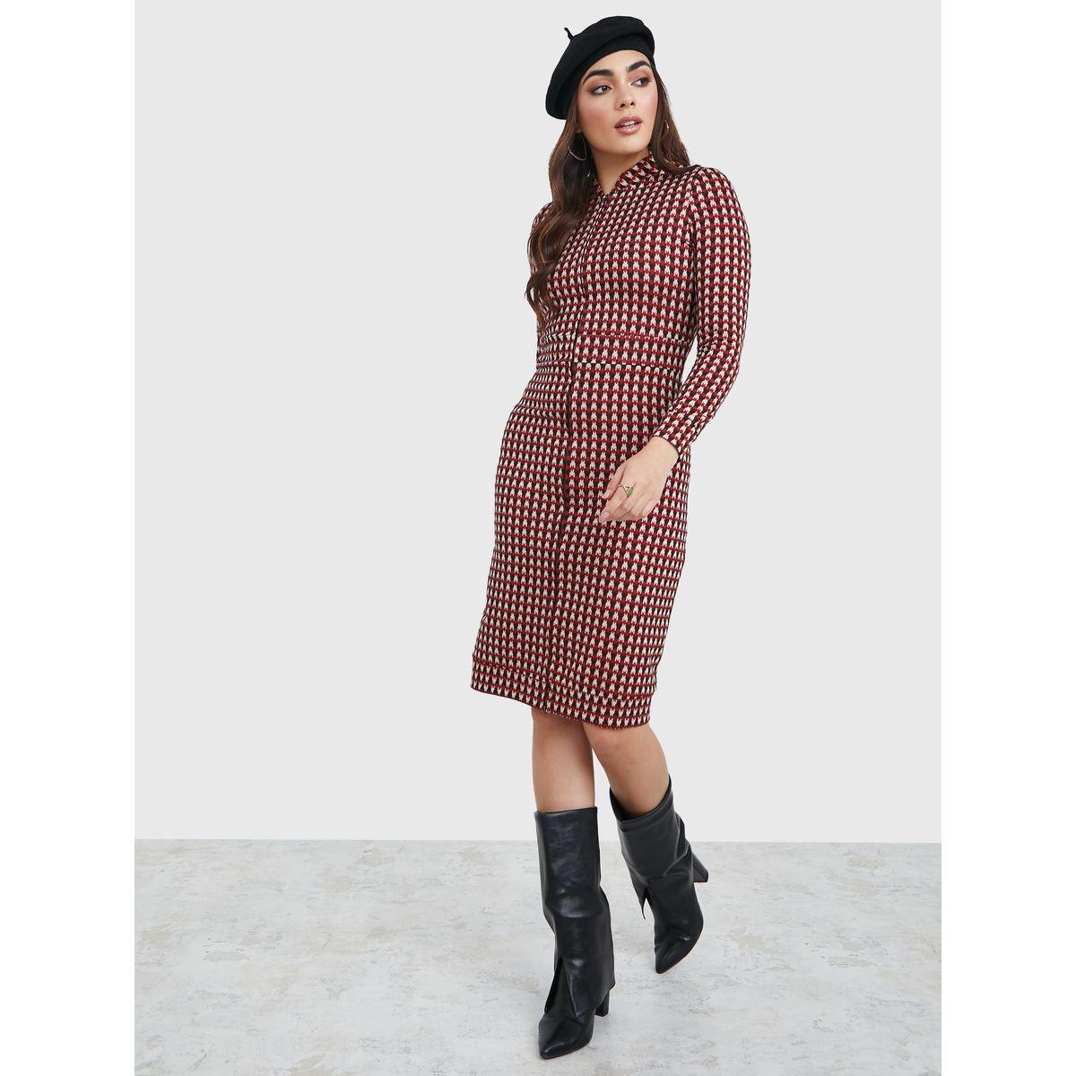 Styli Long Sleeves Zip Through Sweater Knee Length Winter Dress-women-clothing-dresses-image-1