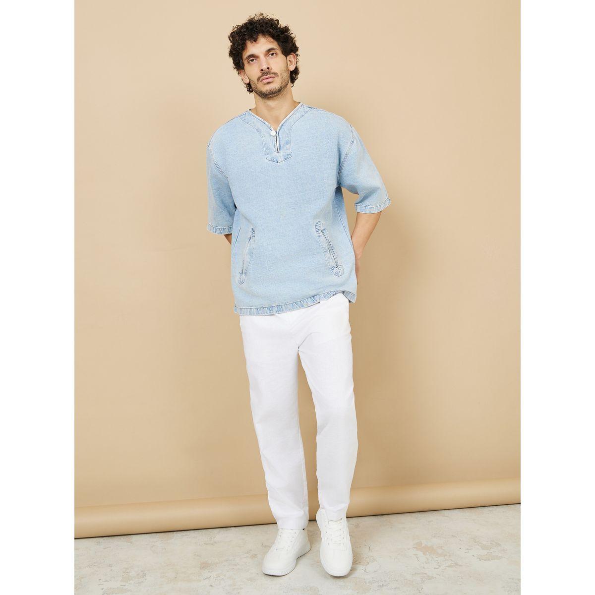 Styli Henley Neck Loop Button Oversized Denim Shirt with Side Pocket-men-clothing-shirts-image-2