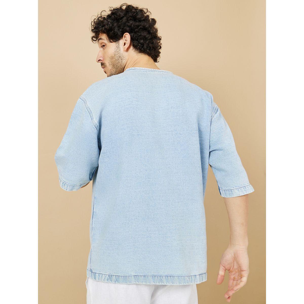 Styli Henley Neck Loop Button Oversized Denim Shirt with Side Pocket-men-clothing-shirts-image-4