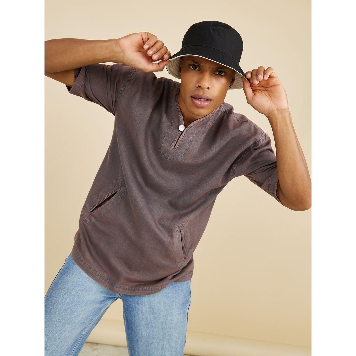 Styli Henley Neck Loop Button Oversized Denim Shirt-men-clothing-shirts-image-1