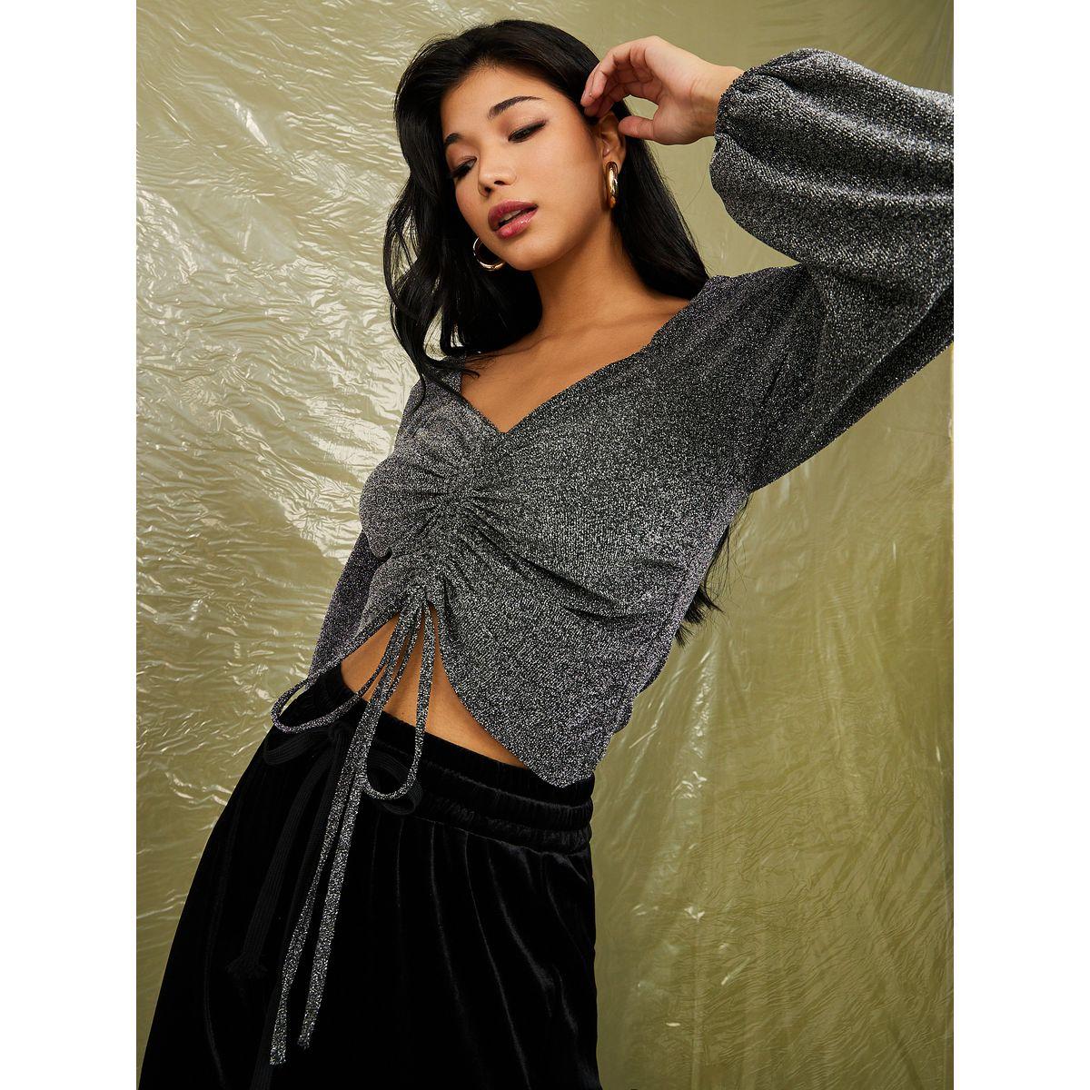 بلوزة محبوكة بتفاصيل مزمومة-women-clothing-shirtsandblouses-blouses-image-1