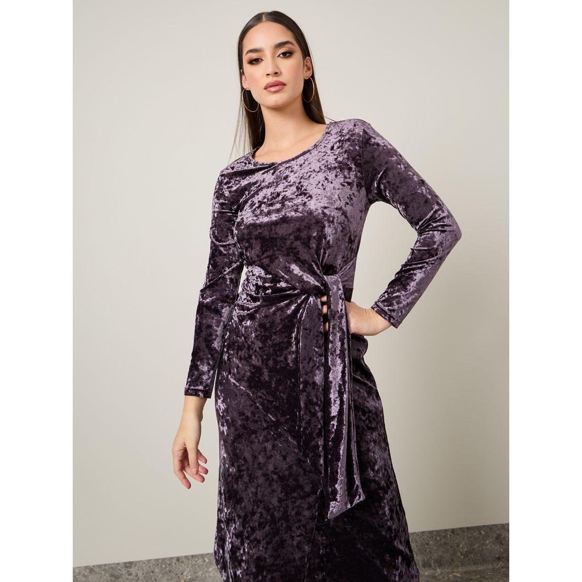 Styli Crushed Velvet Mock Wrap Front Midi Dress-women-clothing-dresses-image-2