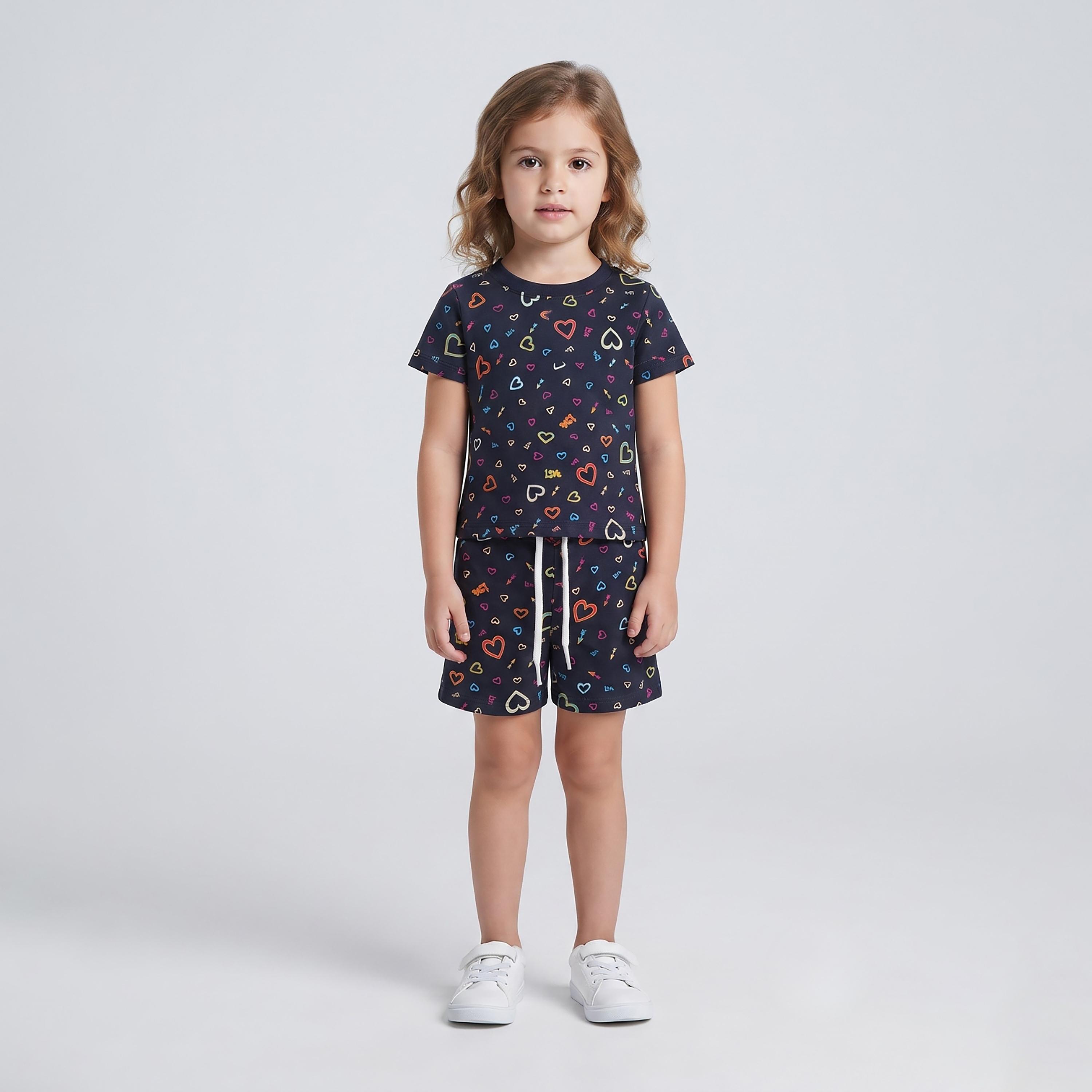 Babyqlo Heart Print Short Sleeves T-Shirt & Shorts Co-ord Set-baby-girls-clothing-setsandcoords-image-1