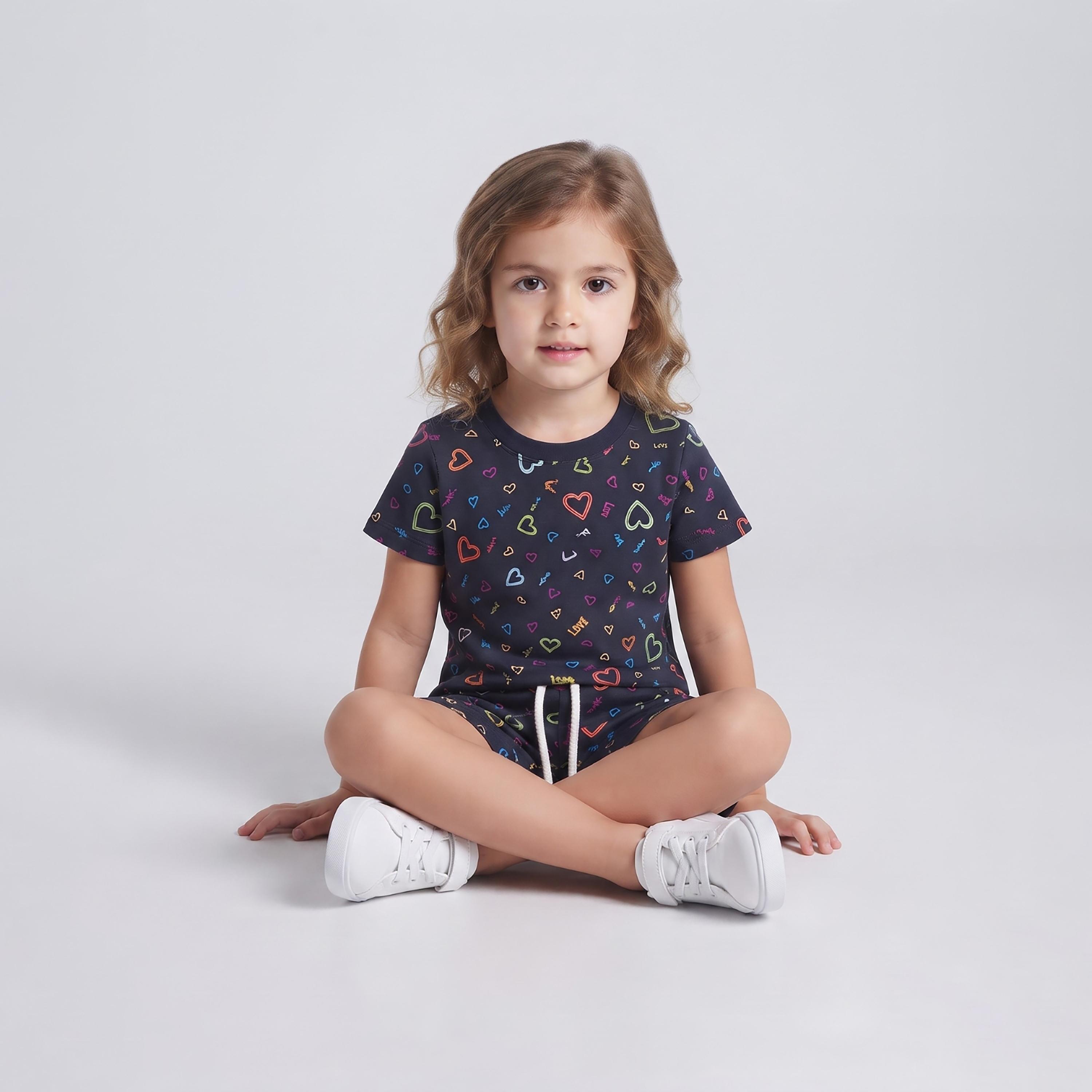 Babyqlo Heart Print Short Sleeves T-Shirt & Shorts Co-ord Set-baby-girls-clothing-setsandcoords-image-4