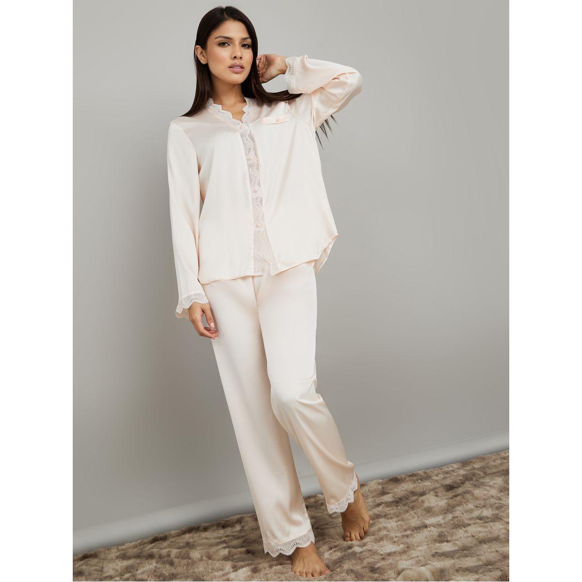 Styli Unwind Lace Edge Satin Button Through Shirt & Pyjama Set-women-clothing-nightwear-pyjamas-longsets-image-1