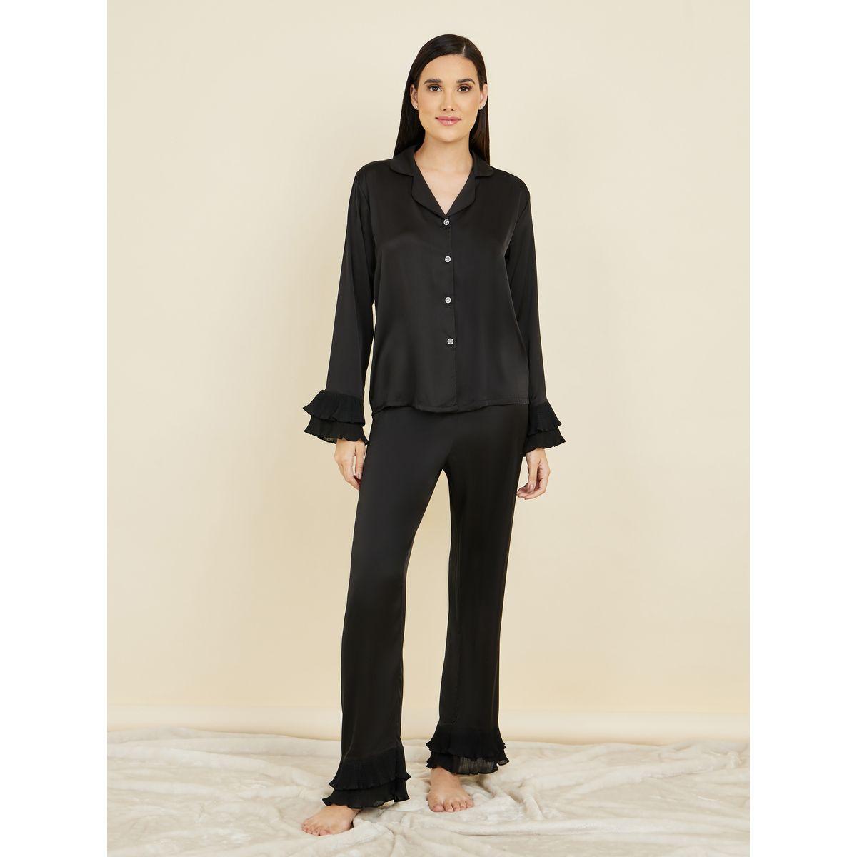 طقم من بنطال بيجاما وبلوزة ساتان مع اكمام باساور-women-clothing-nightwear-pyjamas-longsets-image-1