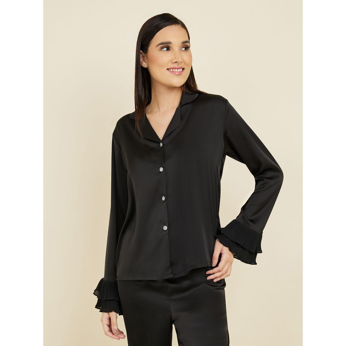 Styli Unwind Plisse Layer Cuff Sleeves Satin Shirt and Pyjama Set-women-clothing-nightwear-pyjamas-longsets-image-2