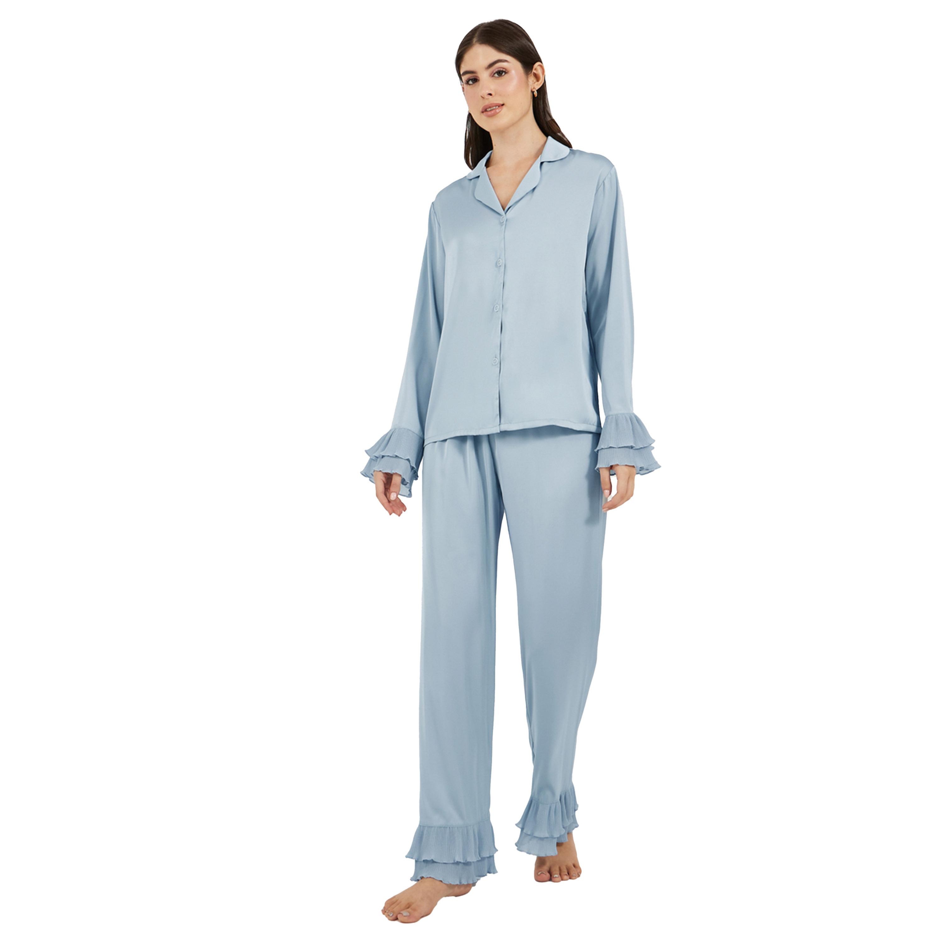 Styli Solid Satin Shirt and PJ Set with Pleated Details-women-clothing-nightwear-pyjamas-longsets-image-2