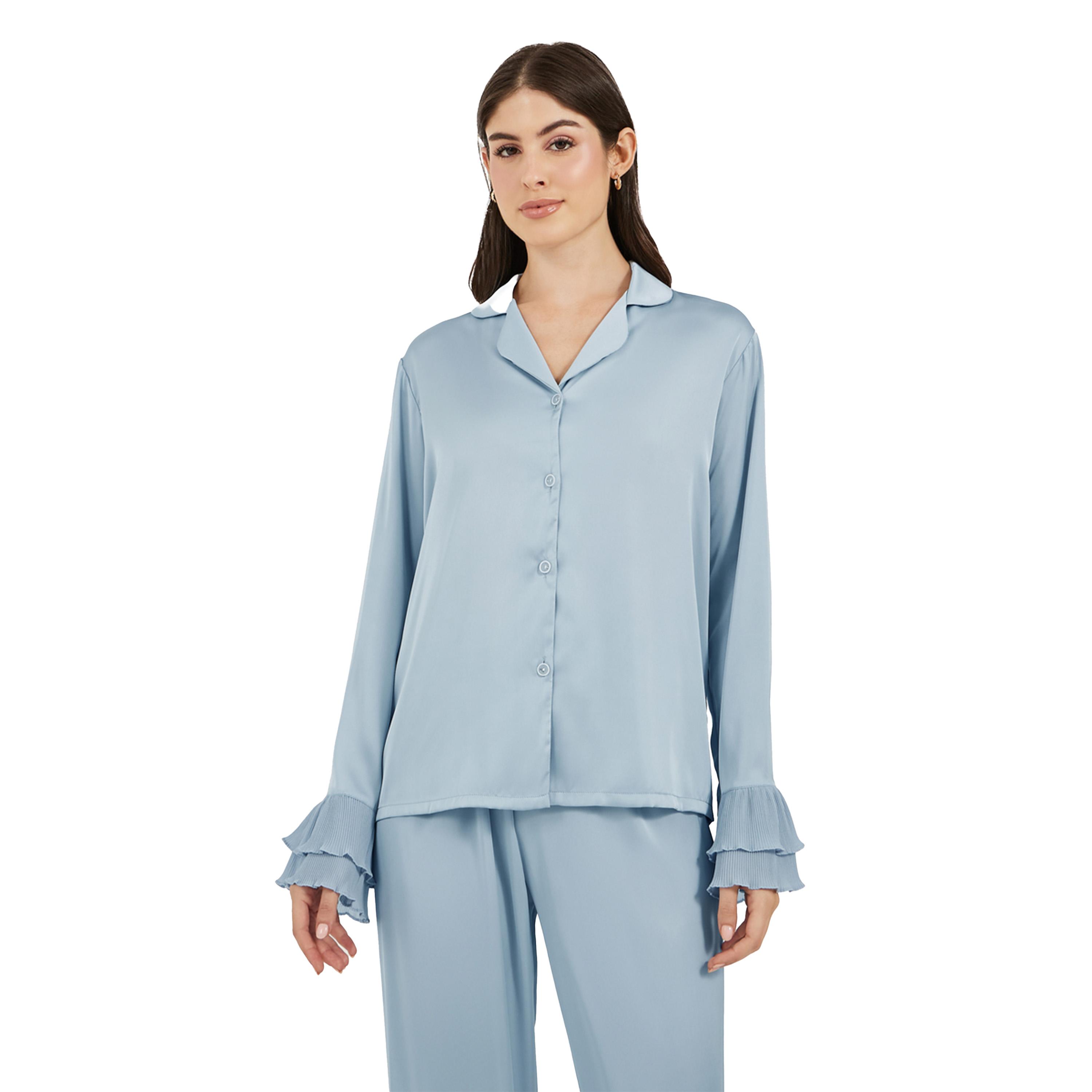 Styli Solid Satin Shirt and PJ Set with Pleated Details-women-clothing-nightwear-pyjamas-longsets-image-3