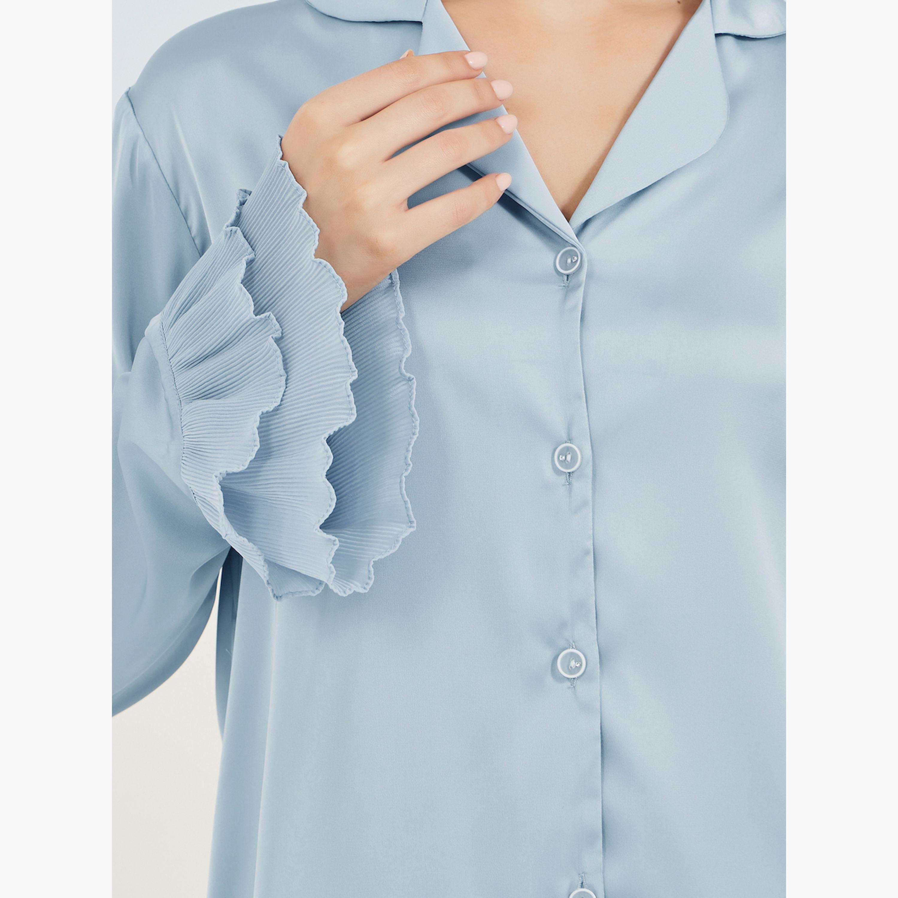 ستايلي -  طقم قميص وبيجاما ساتان سادة مع تفاصيل مطوية-women-clothing-nightwear-pyjamas-longsets-image-4