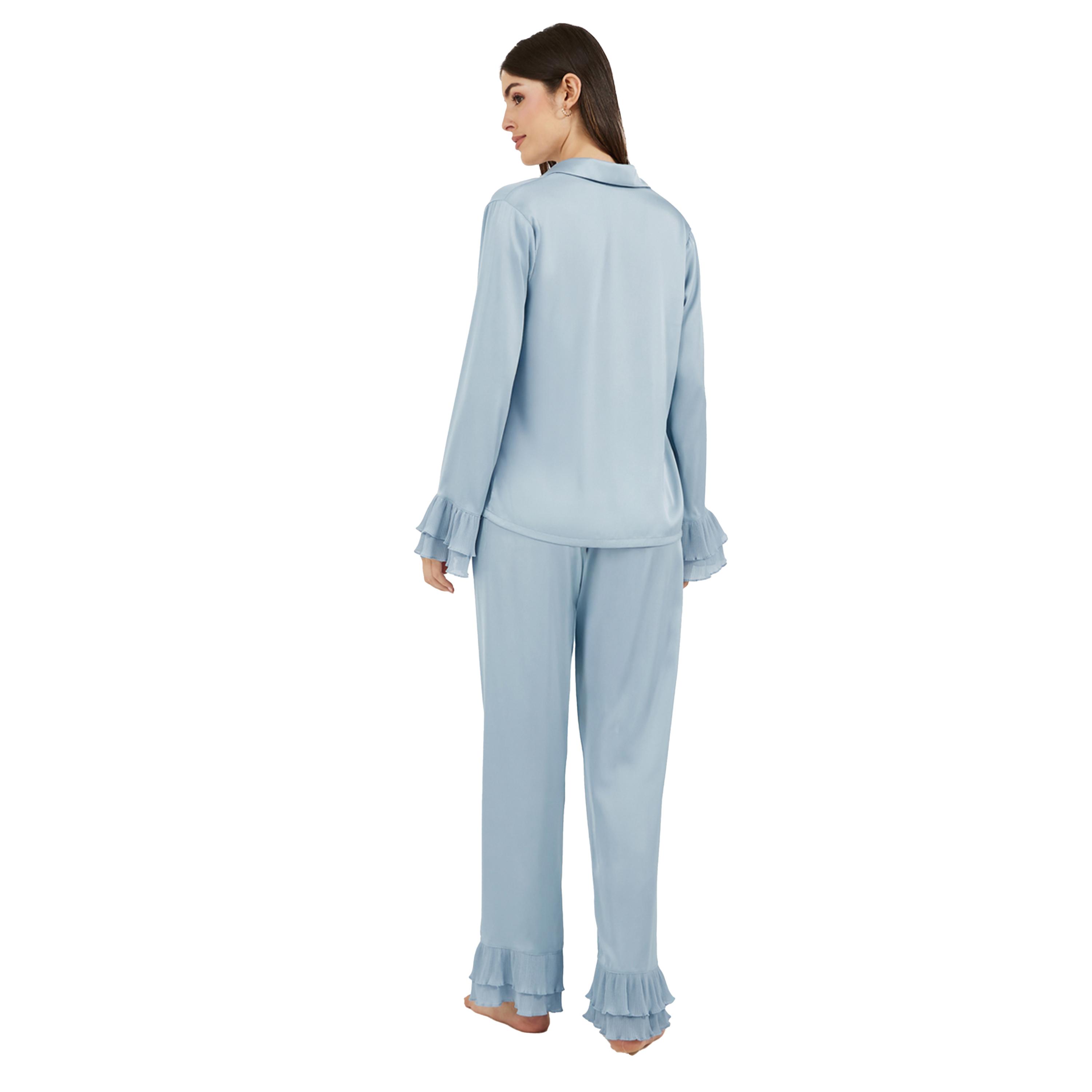 Styli Solid Satin Shirt and PJ Set with Pleated Details-women-clothing-nightwear-pyjamas-longsets-image-5