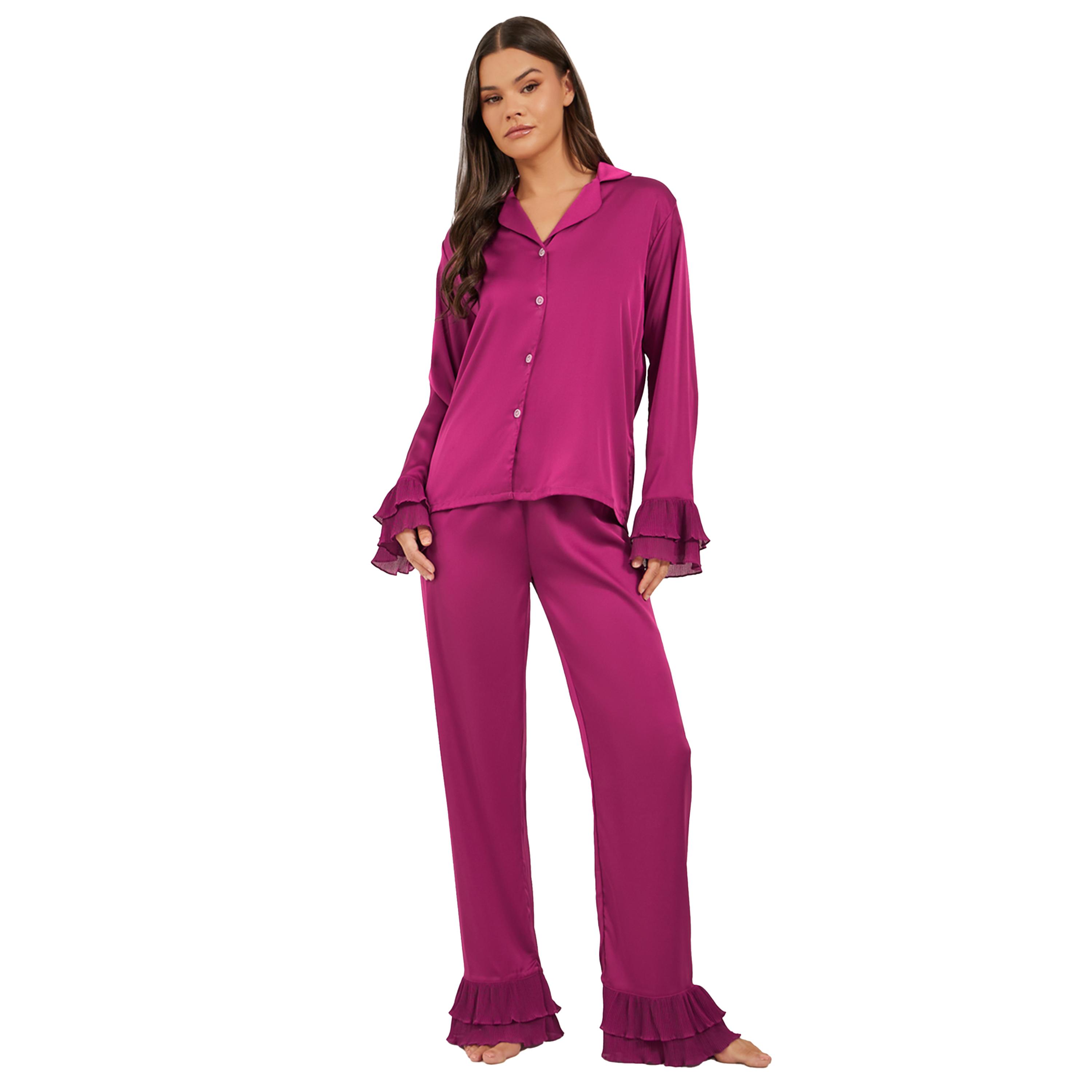 ستايلي -  طقم بيجاما من الساتان السادة مع تفاصيل مطوية-women-clothing-nightwear-pyjamas-longsets-image-1