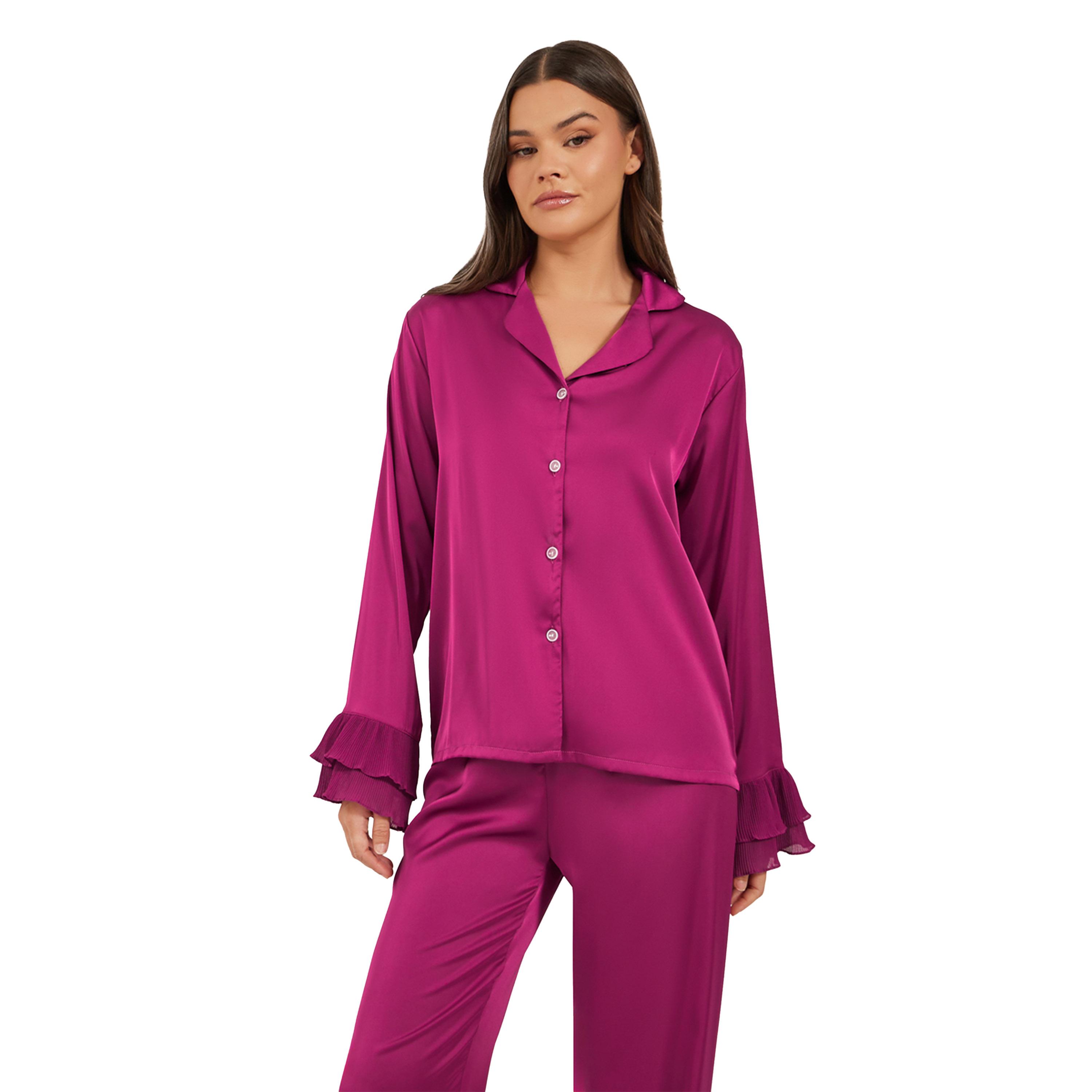 Styli Solid Satin Pajama Set with Pleated Details-women-clothing-nightwear-pyjamas-longsets-image-2