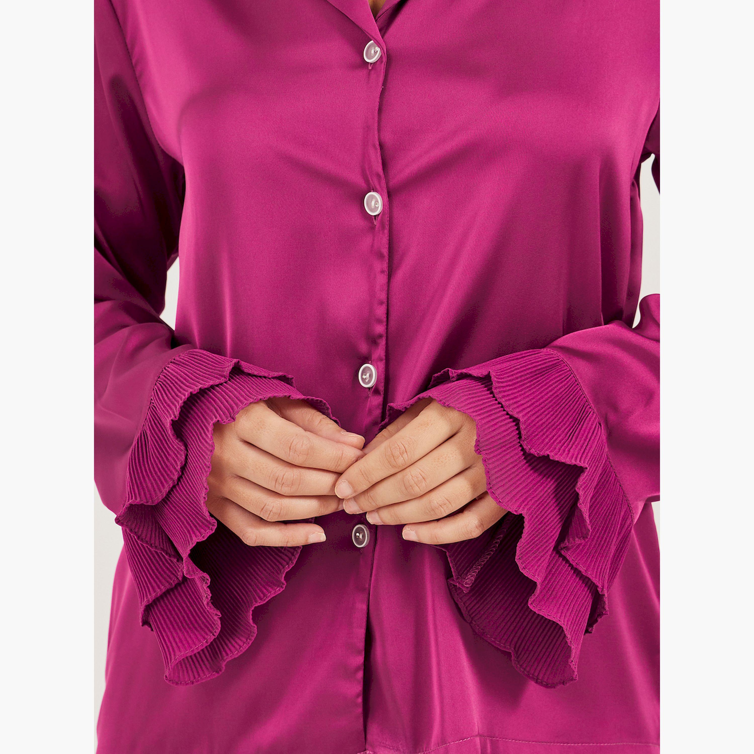 ستايلي -  طقم بيجاما من الساتان السادة مع تفاصيل مطوية-women-clothing-nightwear-pyjamas-longsets-image-3