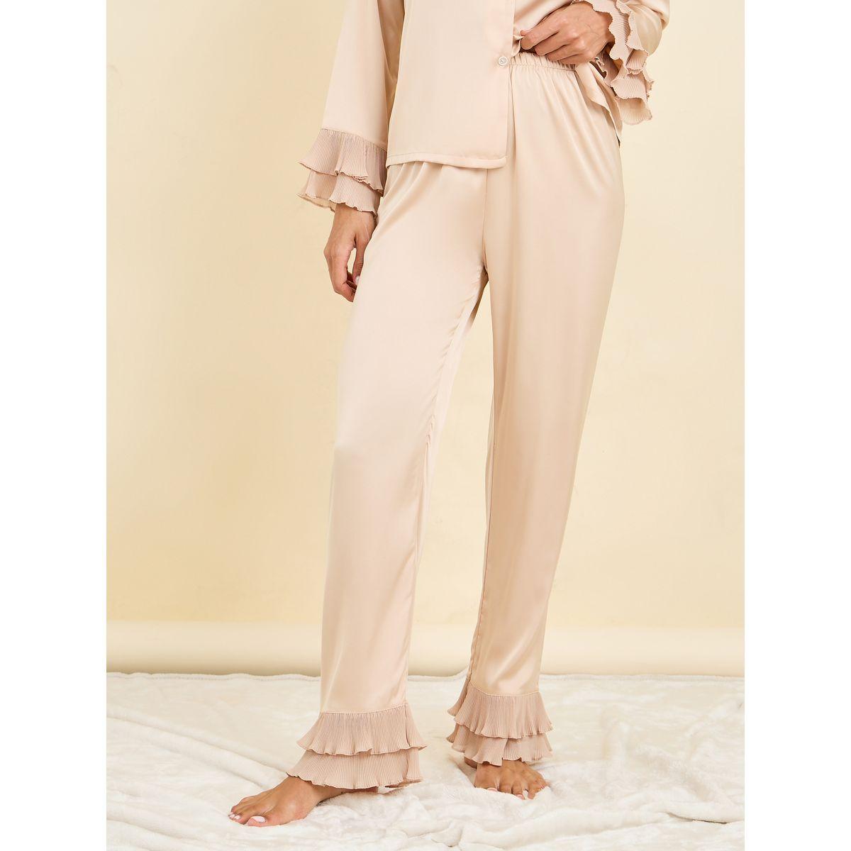 Styli Unwind Plisse Cuff Detail Satin Shirt & Pyjama Set-women-clothing-nightwear-pyjamas-longsets-image-5